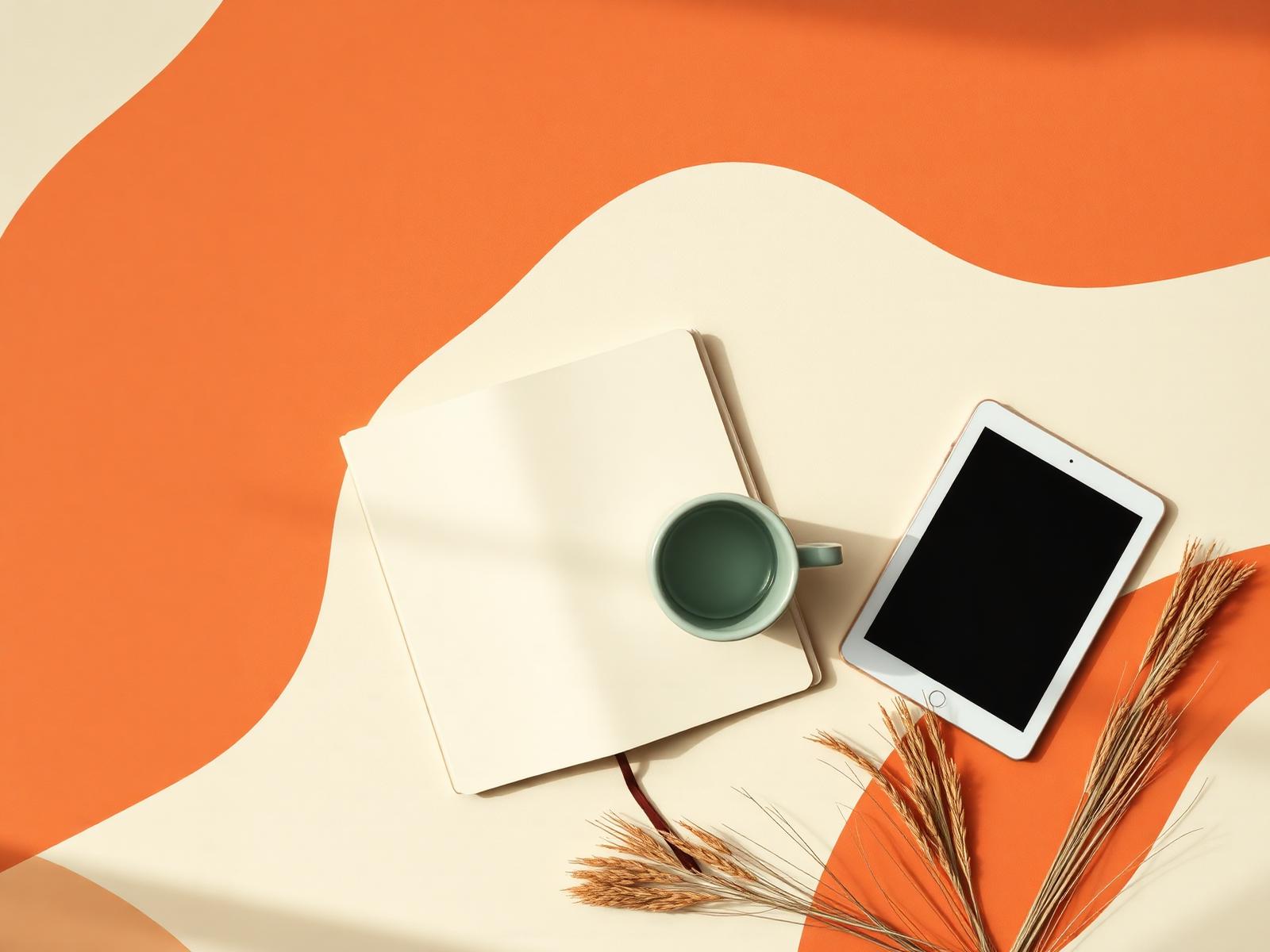 Composição editorial com caderno, xícara e iPad sobre linho terracota